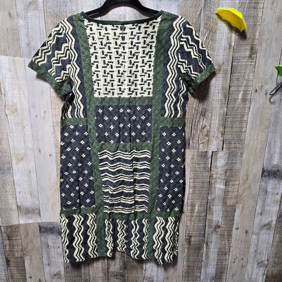Label Ritu Kumar Pyramid Waves Dress Sz S Eyelet Black Green Tan Short Sleeve - Picture 3 of 5